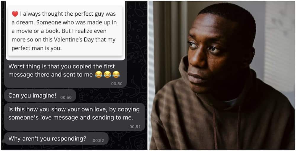 Screenshot of conversation and photo of a man looking sad after a breakup.