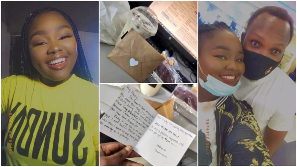 Nigerian lady spoils her boyfriend with N5k gifts, delivers sweets package, love note to his workplace