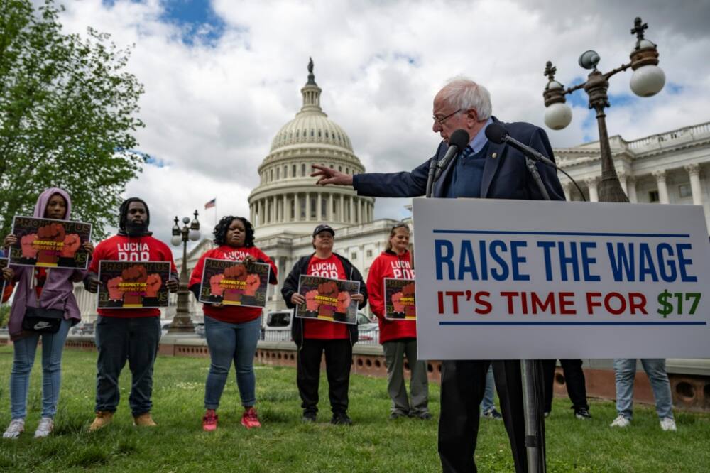 US Senator and Health, Education, Labor and Pensions Chairman Bernie Sanders speaks during a news conference with labor leaders to make an announcement on the federal minimum wage in Washington, DC, on May 4, 2023