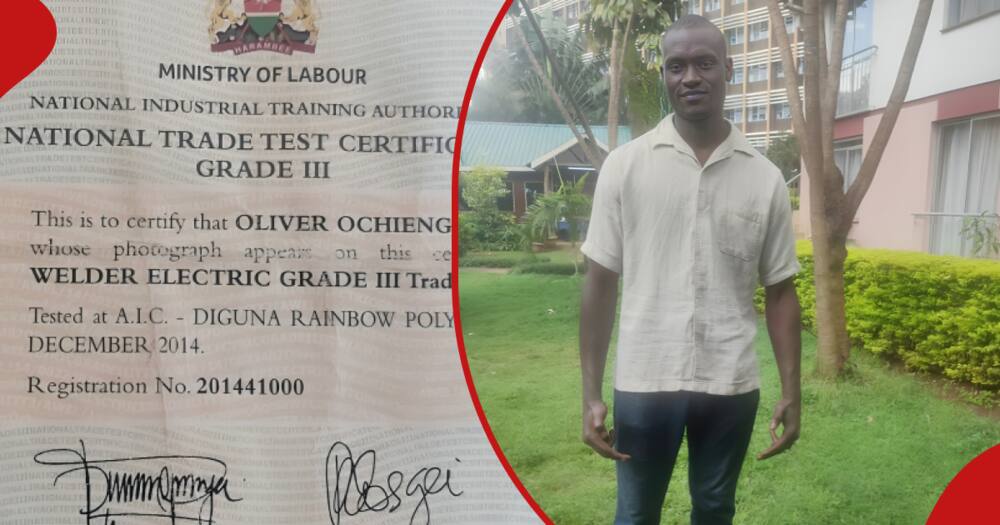 Oliver Ochieng (r) and one of his certificates.