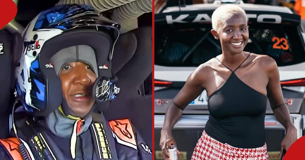 In the left frame, Mammito is inside a safari rally racing car and in the right frame she is leaning on the bumper of the car.