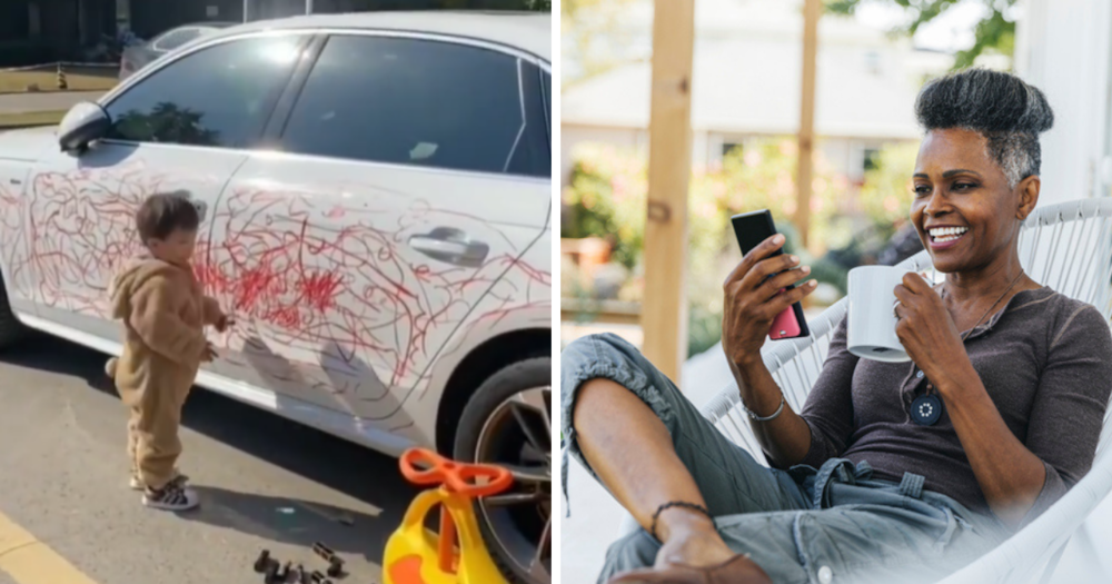 An adorable child creates art on his dad's car before fleeing in a viral clip.