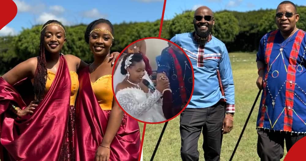 Chemutai Goin with a gorgeous woman posing for a snap (left). Mark Masai and Swaleh Mdoe stand beside each other. Stephen Letoo's wife in the insert during their wedding.