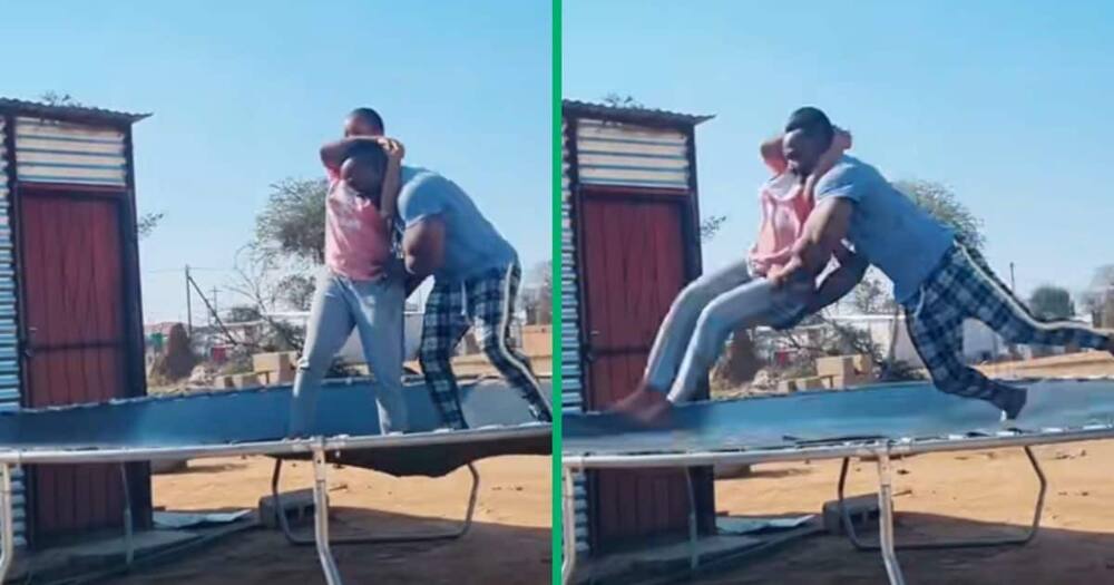 A couple fake wrestling on a trampoline. Photo: Image: @the.punisher4h.