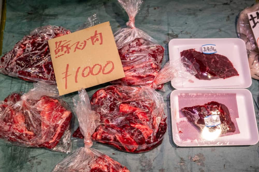 Whale meat for sale at a market in Shimonoseki, Japan -- the country has sharply reduced its imports from Iceland