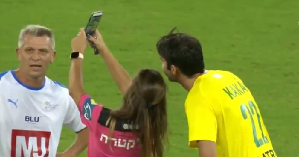Female referee leaves crowd in stitches after booking Brazil legend Kaka before taking selfie with him