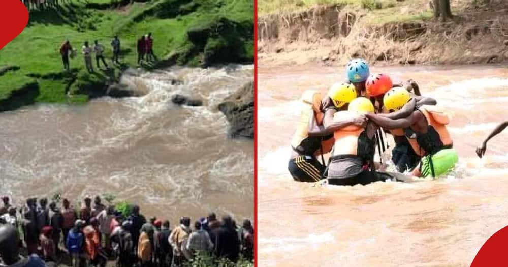 Divers in River Ndarugu searching for the two bodies of the sisters who drowned on Wednesday morning.