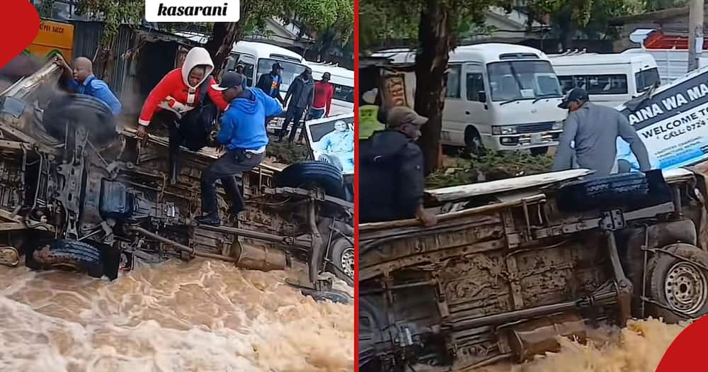 Matatu overturns in Kasarani due to the heavy floods (left and right).