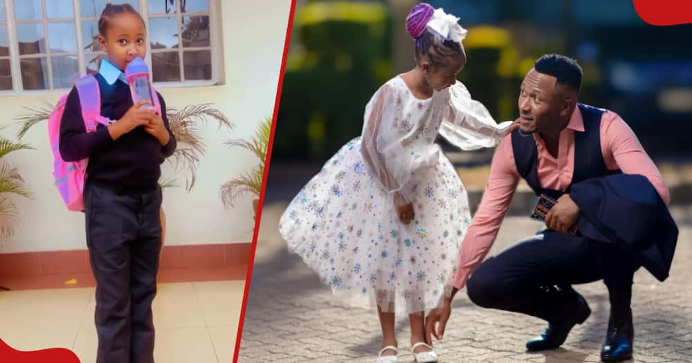 DJ Mo's daughter Wambo (l) in her full school uniform. Mo and his daughter Wambo during a photo shoot (r).