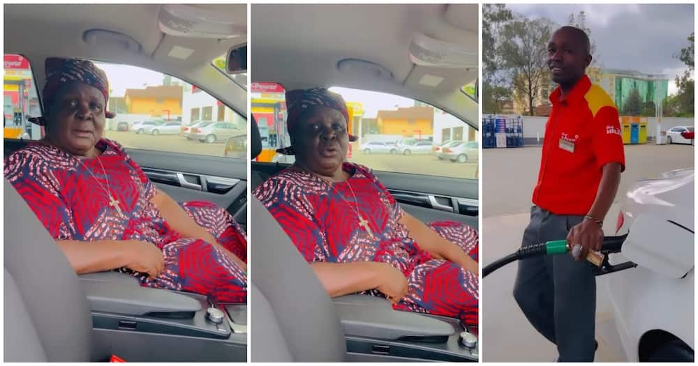 Grandma ordering pump attendant to fill her car with fuel worth KSh 70k.