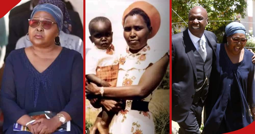 June Chebet attending Daniel Moi's burial service (left), her as a young lady (center) and Chebet having a light moment with her brother Gideon Moi (right).