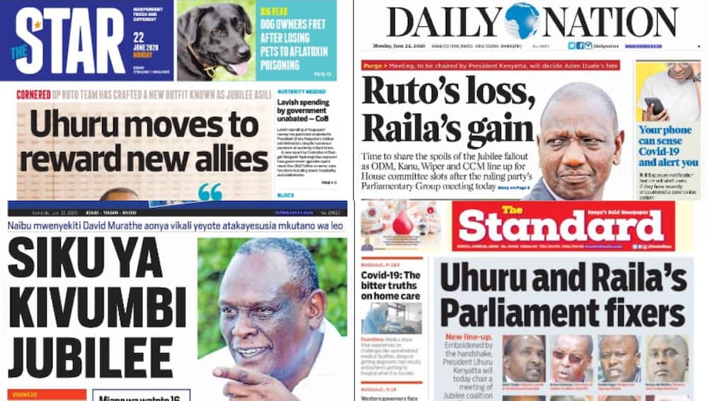 Kenyan newspapers review for June 22: Uhuru may not be present at KICC for Jubilee PG, to address MPs virtually from State House