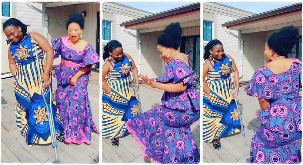 Photos of a lady dancing for her sister who walks with crutch.