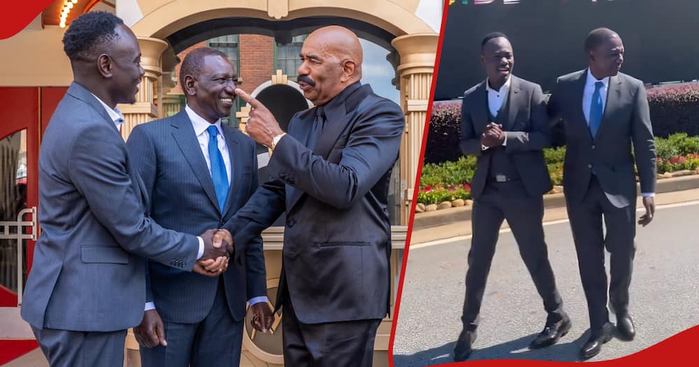 Eddie Butita and William Ruto meet Steve Harvey (left). Butita and Ruto chat about the Tyler Perry Studios (right).
