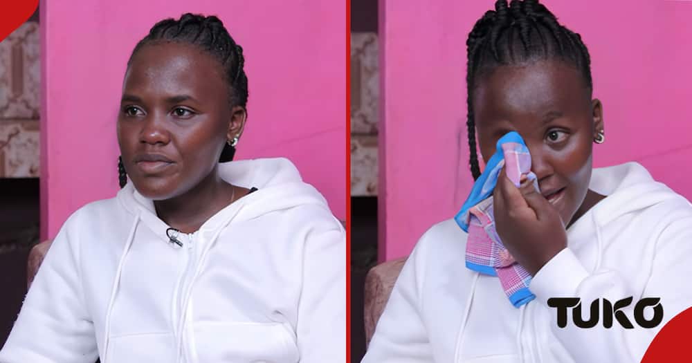 Kirinyaga mum Sarah Mwikali sheds a tear during an interview with TUKO.co.ke recounting her kids' mistreatment at the hands of her mum when she was in Saudi Arabia.
