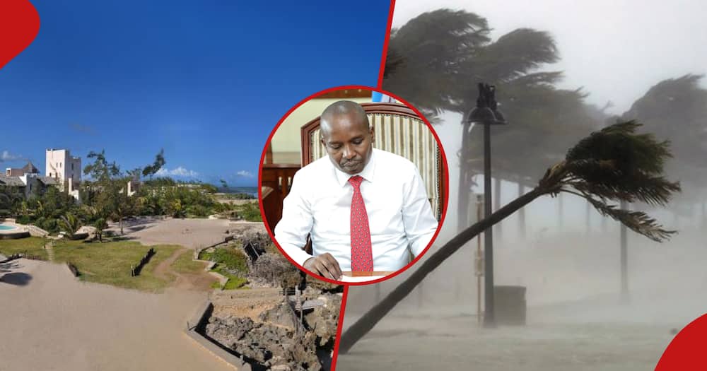 Collage of CS Kithure Kindiki (c) and effects of cyclone (r).