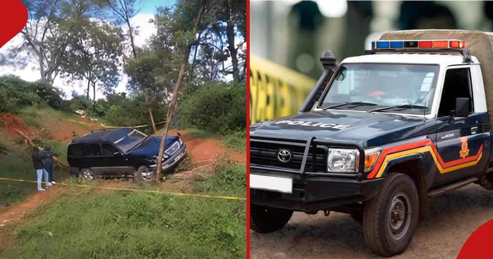 Collage of the scene of crime in Nyari Estate (l) and a polie vehicle (r).