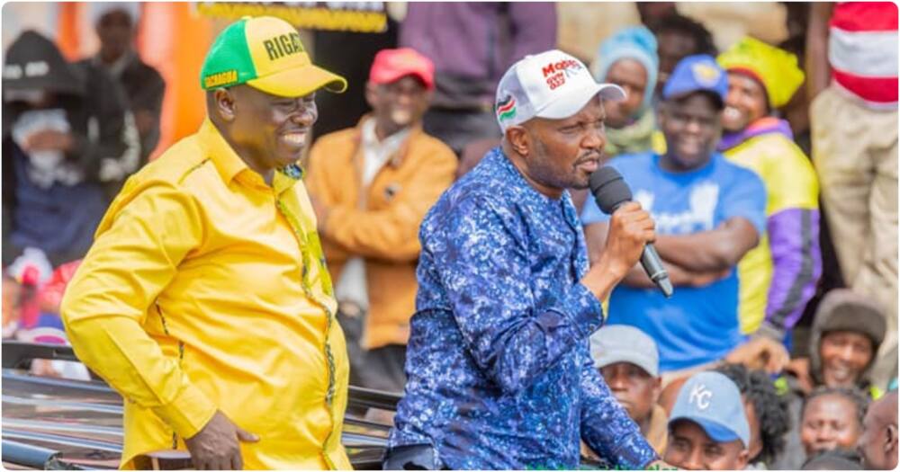 UDA running mate Rigathi Gachagua and CCK party leader Moses Kuria (right) at a campaign rally in Kiambu.