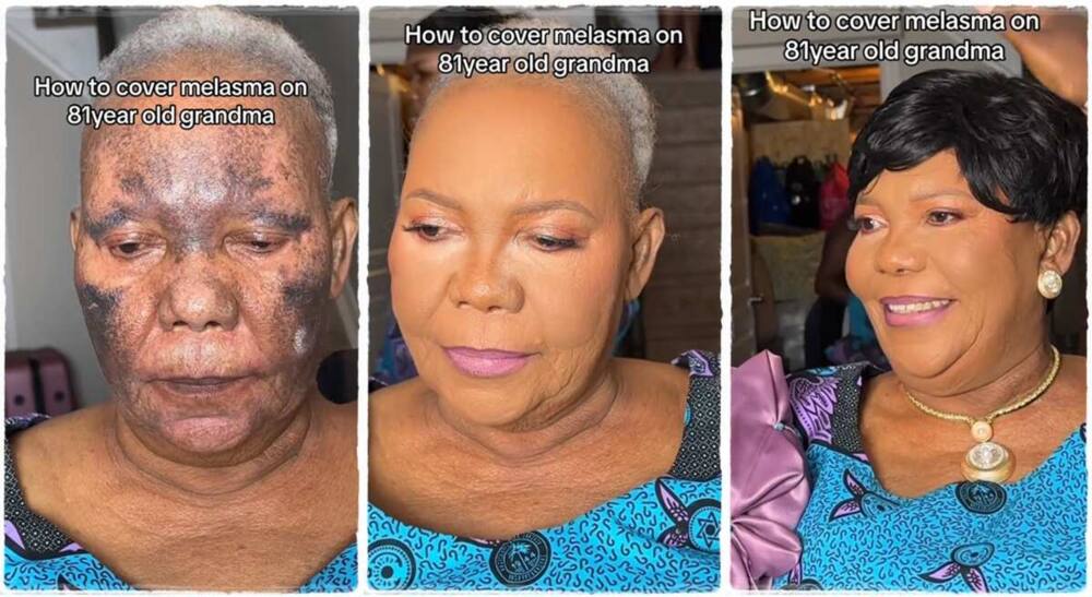 Photos of an old woman before and after makeup transformation.