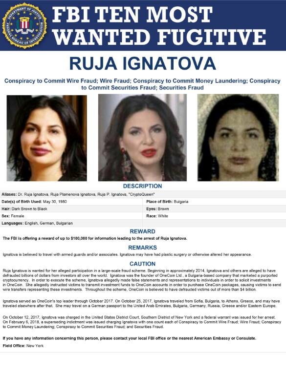 This image of a "Most Wanted" poster obtained from the FBI on June 30, 2022, shows Ruja Ignatova, dubbed the "Crypto Queen" after she raised billions of dollars in a fraudulent virtual currency scheme