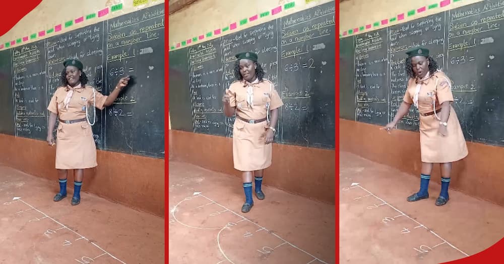 Kenyan teacher Marion Mukenyi in scout uniform teaching her pupils.