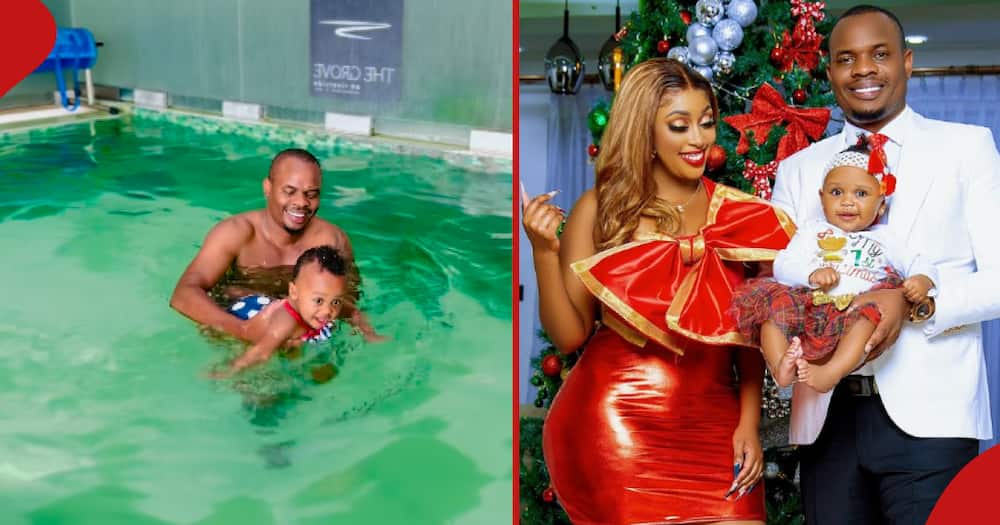 Kennedy Rapudo holding his daughter Africanah during a swim (l). Rapudo and his lover Amber Ray during a photo shoot with their daughter (r).