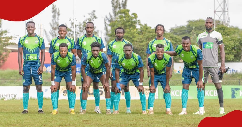KCB Football Club players taking a group photo before a Kenya Premier League match.