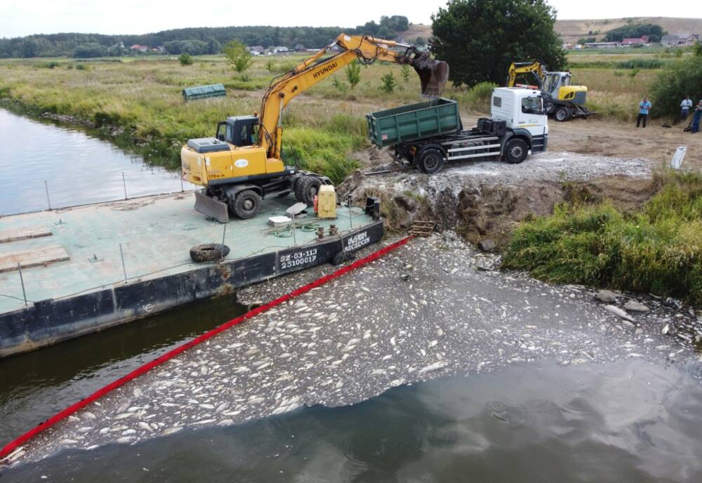 A floating dam is used to encircle dead fish on the Oder River and an escavator to remove them on August 15, 2022 after mass fish deaths taht Polish authorities say are due to toxic algae