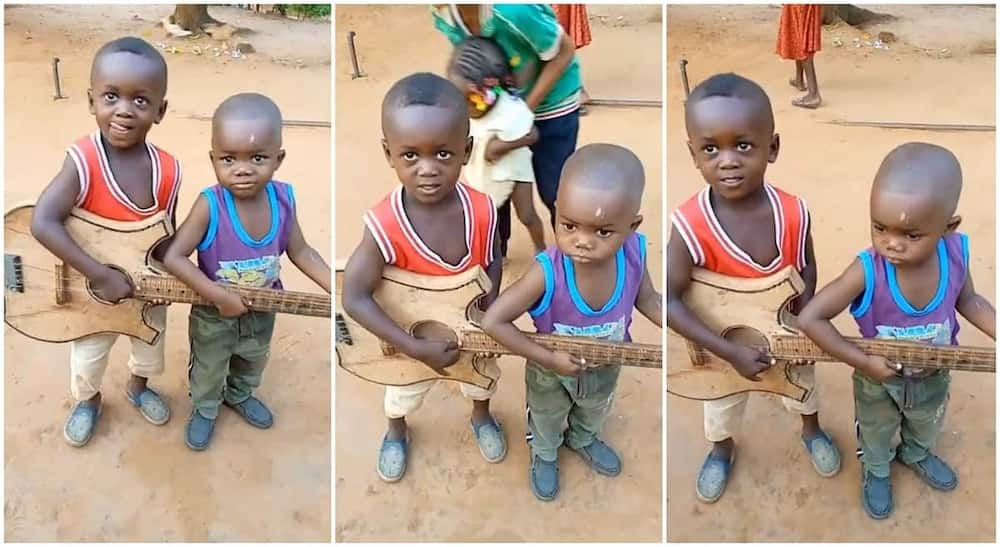 Photos of two boys playing with a guitar.