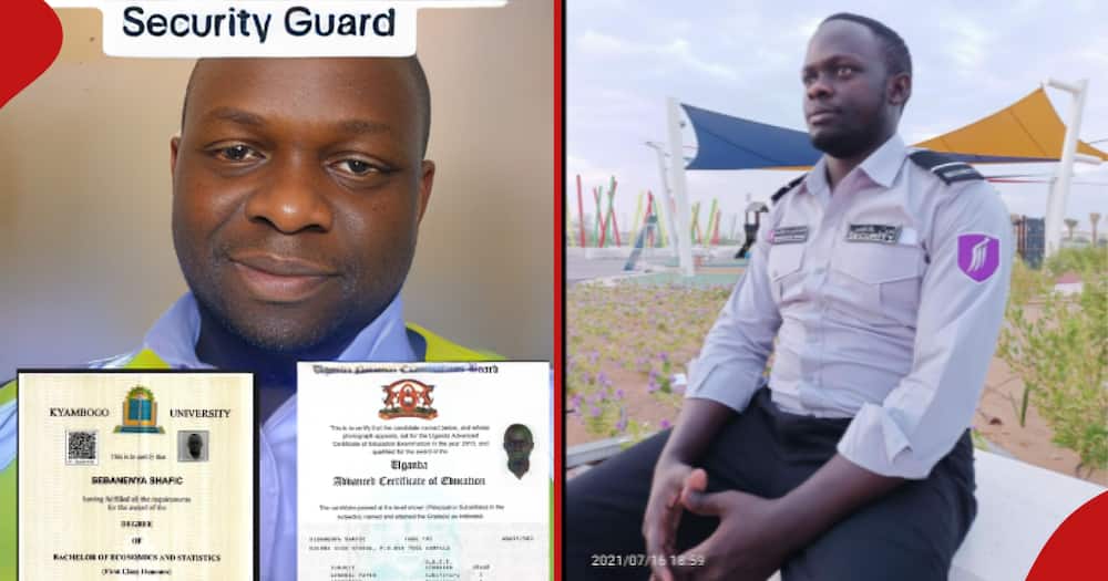 University graduate shows off his certificates (l). Graduate in his security guard uniform (r).