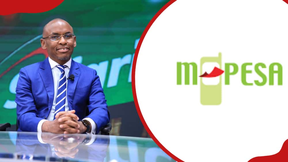 A photo collage of Safaricom CEO Peter Ndegwa (r.) and M-Pesa logo.