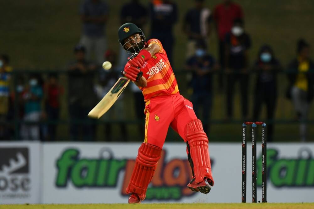 Sikandar Raza of Zimbabwe plays a shot during a one-day international against Sri Lanka in Kandy on January 18, 2022.