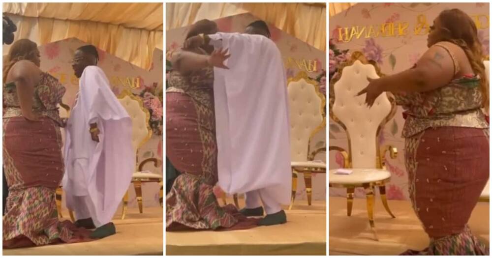 Video shows plus-size bride in long dress dancing hard on a spot with her petite groom