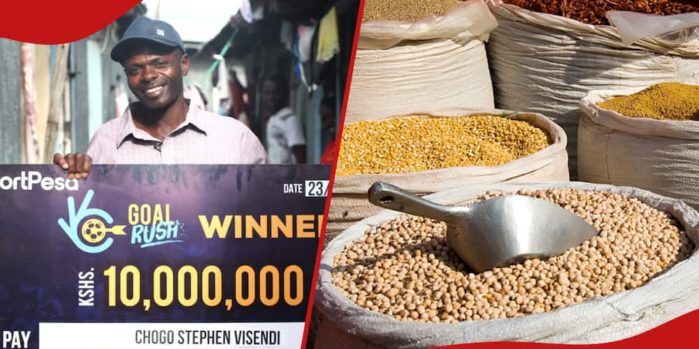 Collage of Stephen Chogo Visendi holding his dummy cheque and photo of cereals.