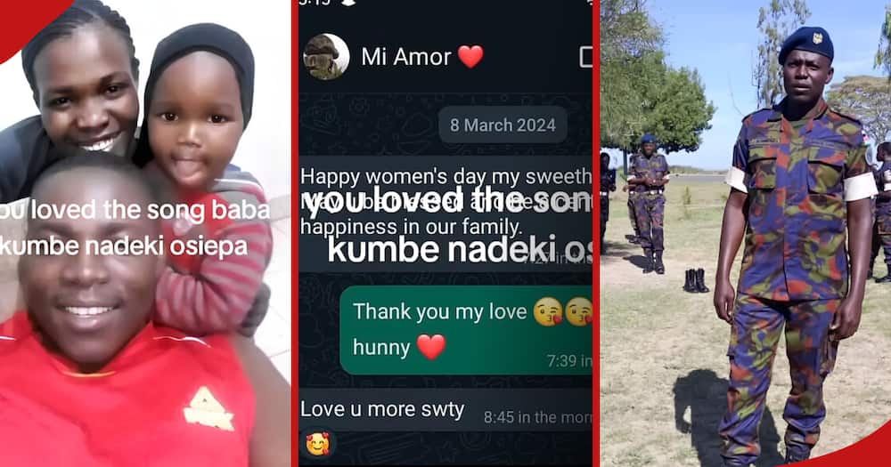 Sergeant Cliphonce Omondi and his wife and kid (left). Screenshots of WhatsApp conversations of Cliphonce and his wife (centre). A photo of the late sergeant.