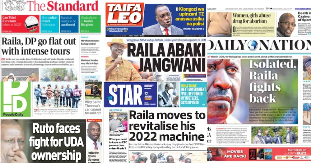 Kenyan newspapers. Photo: Screengrabs from The Standard, Daily Nation, The Star, People Daily and Taifa Leo.