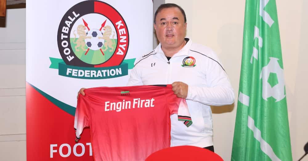 Engin Firat during his official unveiling as Harambee Stars coach. Photo: Twitter/Football Kenya Federation.