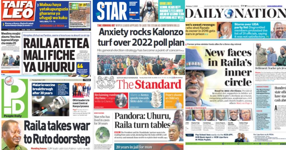 Kenyan newspapers. Photo: Screengrabs from The Standard, Daily Nation, The Star, People Daily and Taifa Leo.