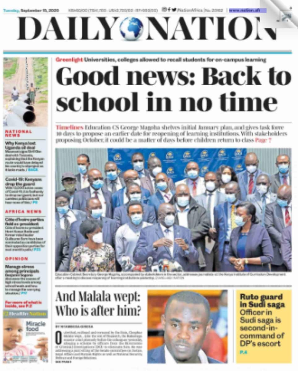 Kenyan newspapers review for September 15: Education experts propose October 2020 for reopening of schools