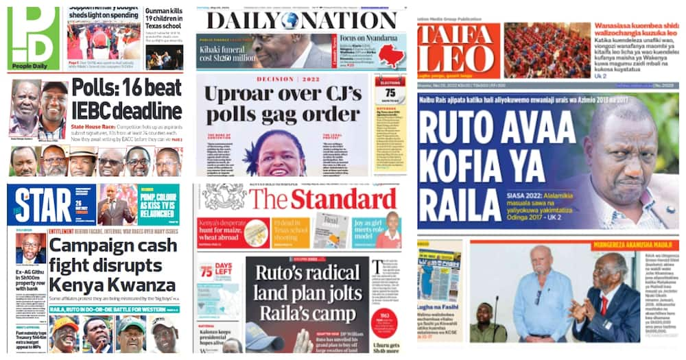 Kenyan newspapers. Photo: Screengrabs from The Standard, Daily Nation, The Star, People Daily and Taifa Leo.