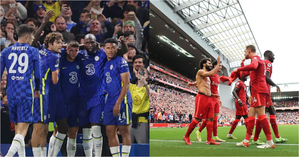 Chelsea and Liverpool players celebrate after scoring during past matches. Photo: Getty Images.