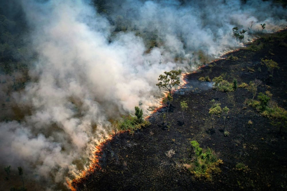 Aerial view of a burnt area in the Amazon rainforest, near the Lago do Cunia Extractive Reserve, on the border of the states of Rondonia and Amazonas, northern Brazil, on August 31, 2022