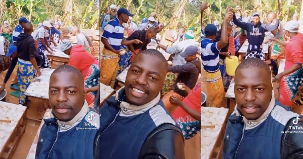 Kenyan men dance while preparing chapatis.