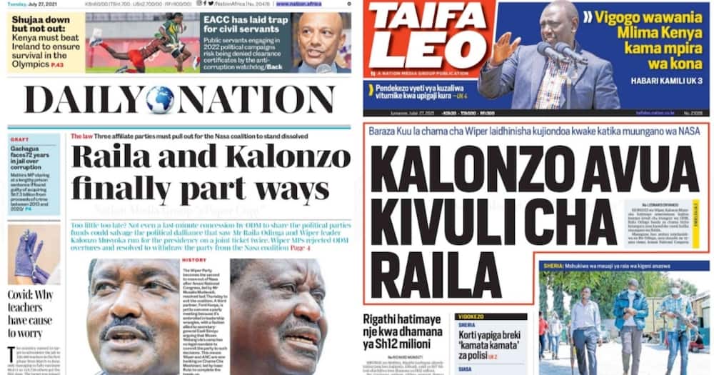 Newspapers Review For July 27. Screengrabs from Daily Nation, Taifa Leo.