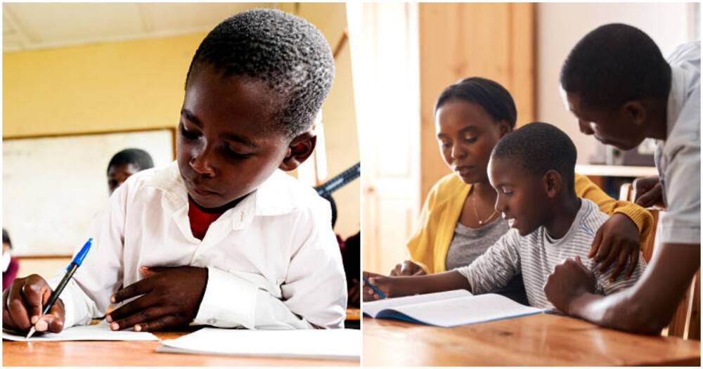 Student learning, man and woman helping boy. Photos for illustration.