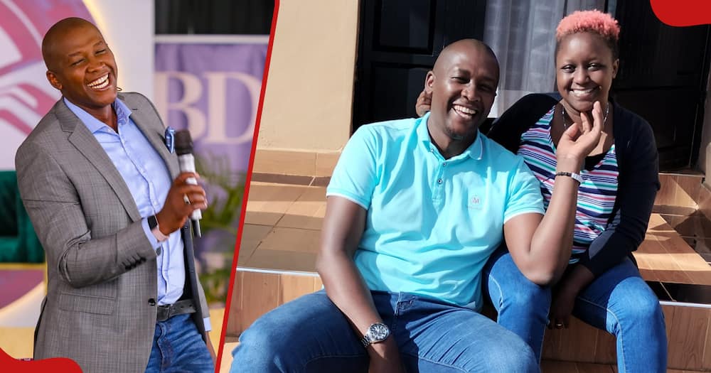 Fred Muitiriri laughts as he addresses people at a past event (left). Muitiriri and his wife Ann Muitiriri smile as they pose for a photo (right).