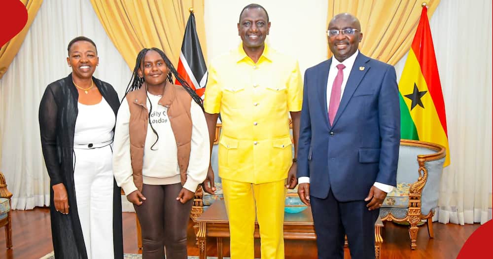 President William Ruto (in yellow) alongside Dr. Mahamudu Bawumia (in suit), Nadia Cherono (in grey) and Mama Rachel Ruto (l).
