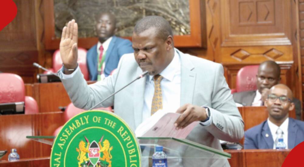 Bumula MP Jack Wamboka taking an oath before the 11-member committee that probed Agriculture CS Mithika Linturi.