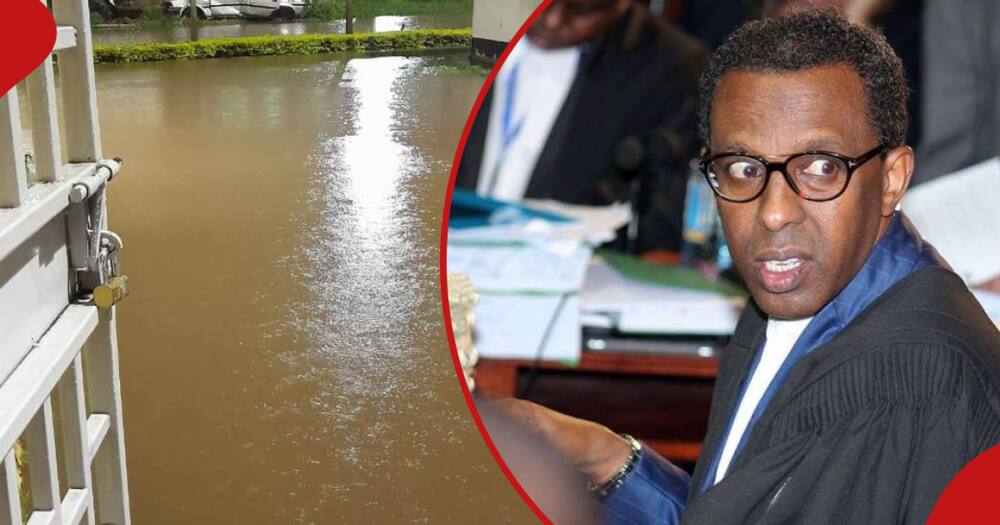 Lawyer Ahmednasir Abdullahi (r) and a flooded home (l)