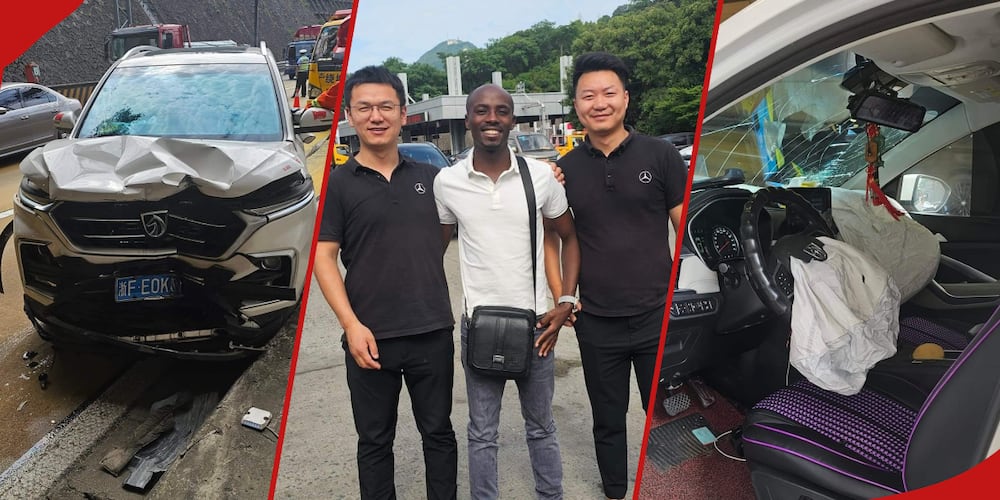 Collage of Murage, his partners, and the vehicles that were involved in the accident.